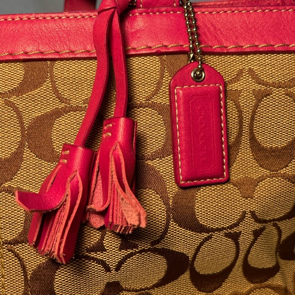 Coach Signature Canvas Pink Leather Trim Business Tote Laptop Work Bag F6432 - Picture 10 of 16